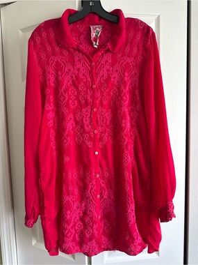 Johnny Was Embroidered Tunic Dress Blouse Long Sleeve Button Up in Fuchsia